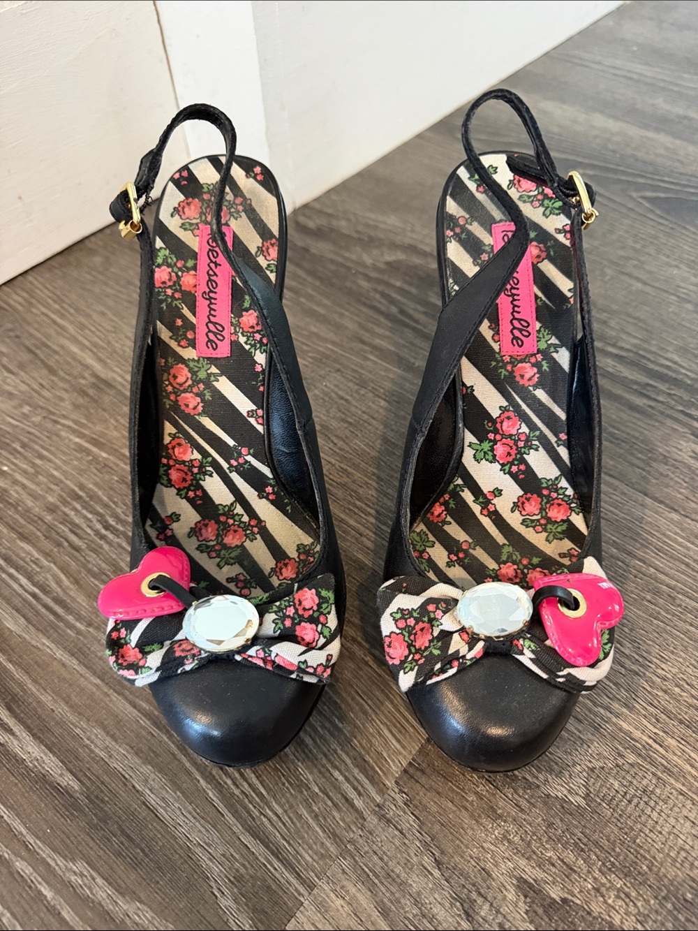 Betsey Johnson Black Floral Slingback Heels with Pink Gems